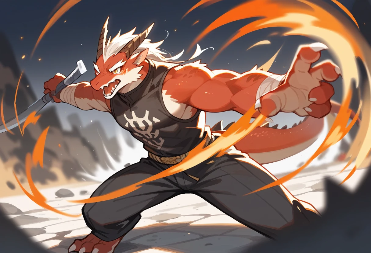 top quality, high-quality illustrations((masterpiece))depth of field, motion blur, absurdres, Perfect Anatomy, magnificent picture of kemono fighting fierce battles, kemono, 1boy, solo focus, Anthro((dramatic))epic, weapon, dynamic pose, One scene of movie,FURRY，dragon，Chinese