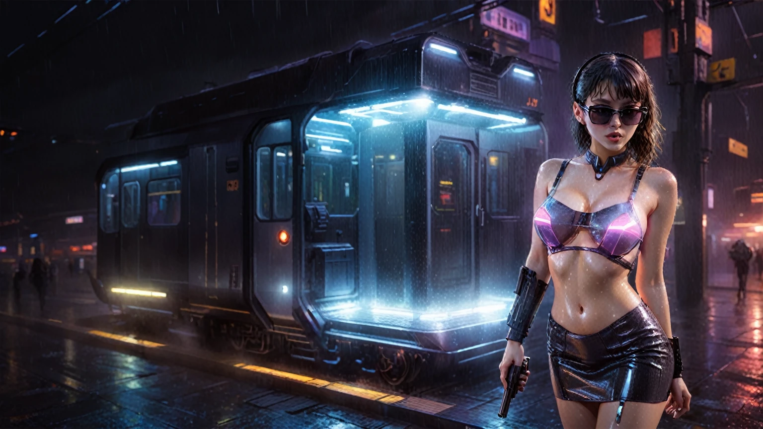 (((aerial view))), Blade Runner style futuristic railway platform, hi-tech train, neon lights, rainy night. (1girl, solo, alone), large-breast:1.2 slim body, cleavage:1.1, sexy wind blowing wet dress:1.4, headphone, (black sunglasses), (((she raised a pistol:1.8 and shot:1.8 the viewer))), dynamic pose, (((half-body thigh level medium shot))), cinematic lighting, lens flare, ray tracing, blurred:1.4 background.