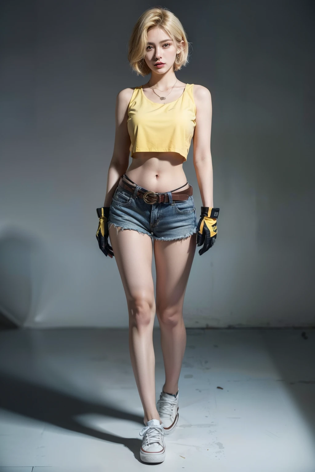 (RAW shooting, Photoreal:1.5, 8k, highest quality, masterpiece, ultra high resolution), perfect dynamic composition:1.2, Fight:1.2, Highly detailed skin and facial textures:1.2, 1girl:1,Caucasian:1,Glamourous female agent with a knife, beautiful and aesthetic:1.2, sexy beauty, perfect style, belief, Strong-willed, revenge, Fair skin, very beautiful face, (large breast:1.2,chest gap), (wearing a sexy casual clothes:1.2), (beautiful eyes, Eyes that feel beautiful eros:1.0), (Too erotic:0.9, Bewitching:0.9), (full body photo:2), (perfect limbs:1.2), (perfect fingers:1.2),(short blonde hair, yellow crop top:1.2, midriff, thigh holster, navel, belt, micro shorts, fingerless gloves,sneakers:1.2),(simple background:1),(knees together),(standing:2)