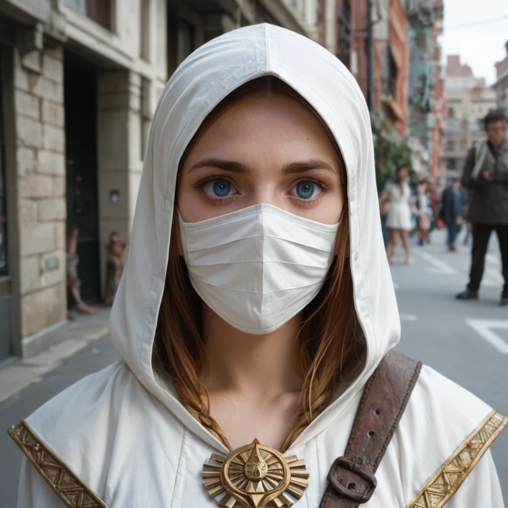 A full-body shot of Princess Zelda, brown hair, blue eyes, dressed as an Assassin from Assassins Creed, in white+gold witha white mask and hood with gold details, XL bust, using a wrist blade. Background: A city during the renaissance period. Unreal Engine 5, Anime, Anime style, Masterpiece, Well drawn eyes, well drawn face, well detailed eyes, well detailed face, 8k, light and shadow effect.