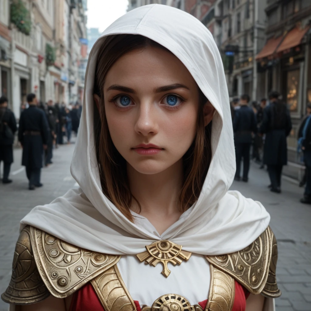 A full-body shot of Princess Zelda, brown hair, blue eyes, dressed as an Assassin from Assassins Creed, in white+gold witha white mask and hood with gold details, XL bust, using a wrist blade. Background: A city during the renaissance period. Unreal Engine 5, Anime, Anime style, Masterpiece, Well drawn eyes, well drawn face, well detailed eyes, well detailed face, 8k, light and shadow effect.