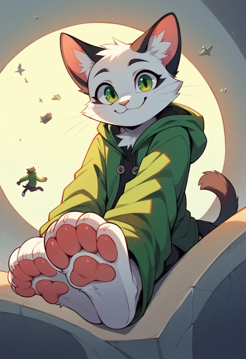 anthro, cat, white fur, green eyes, green jacket, big black ears, black tail tip, furry, looking down, Viewers look at, Viewer looks up, smiling, above standing, Macro, Fußfocus, alone, good lighting, Focus on feet, raised foot, Focus on the bottom of the foot, fluffy, furry paws, Paw pads, schwarze Paw pads, stomp something, adult