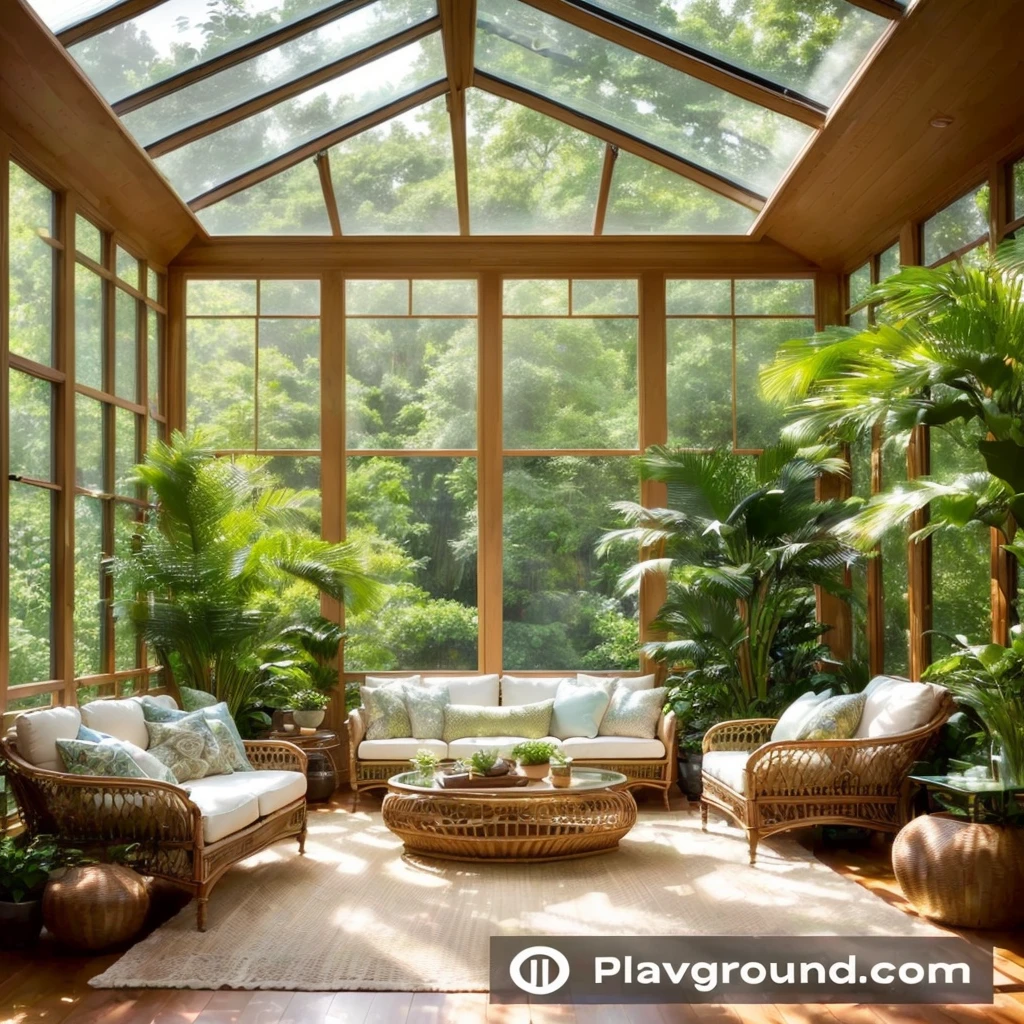 Close-up of sunroom with sofa, Chair, and a coffee table, lush greenery, Mixed with Rivendell Buildings, architectural digest, Indoor potted palm trees, Trending on pinterest,minimalist, huge trees and warm windows, Soothing and comfortable scenery, Abundant greenery, Quiet and peaceful style, filled with natural light, large glass ceiling