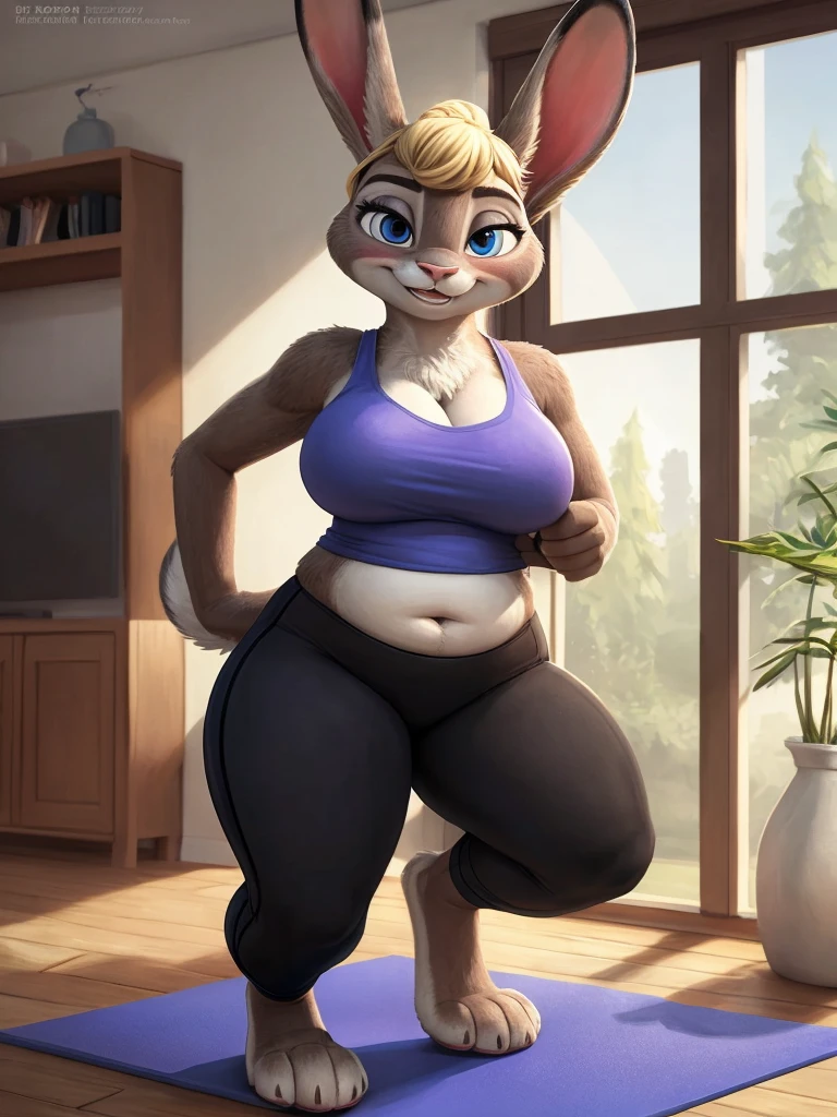 [thick body], [Judy hopps; Zootopia], [Uploaded to e621.net; (Pixelsketcher), (wamudraws)(miles df)(zackary911)], ((masterpiece)), ((HD)), ((solo portrait)), ((front view)), ((feet visible)), ((furry; anthro)), ((detailed fur)), ((detailed shading)), ((beautiful render art)), {anthro; (chubby figure), small brown eyebrows, cute surprised blue eyes, cute smile, (blushing), blonde hair, (bells in hair), topknot, fluffy tail, (curvy hips), (beautiful legs), (beautiful paws)}, {(milf), (pink tank top), (cleavage), (navel), (black spandex yoga pants)}, {(on yoga mat), (standing), (holding her boobs), (looking at viewer)}, [background; (living room), (window), (sun rays)]