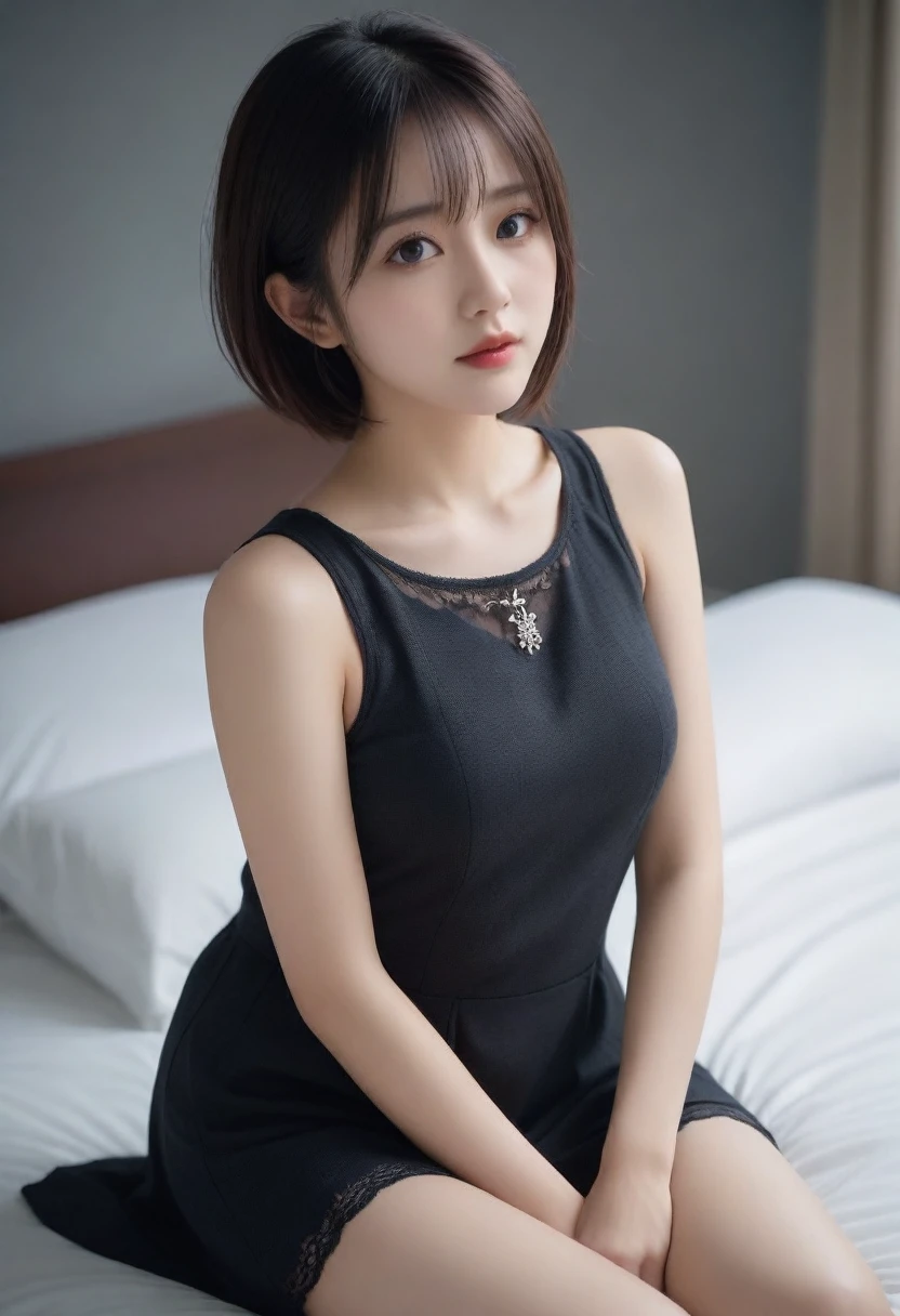 8k, Ultra-high resolution, Highest quality, masterpiece, Rule of thirds photograph,surreal, photograph, 1 Girl, (16 years old:1.3), pretty girl, Cute Face, Beautiful eyes in every detail, Detailed,masterpiece,One Girl:1.2, Japan Female Announcer, from below,sad,streaming tears,Black short hair,Messy hair,(black suit:1.3),mourning clothes,(Impressionist Portrait of a Beautiful Girl), (Gray background:1.3),(Impressionist light and colour),Realistic Skin, Perfect and beautiful face ,Perfect and cute face, Skin with attention to detail, Perfect limbs、Narrow waist,Looking at the audience、beauty,Long neck,clavicle,(((Ideal body type))), big pretty breasts :2,Portraiture:2,Perfect Anatomy,Vividly detailed,detailed,surreal,Light and shadow,spotlight, beautiful legs, exposed shoulders, exposed waist, exposed thighs, sexy cheongsam pajamas, on the bed, night, warm light