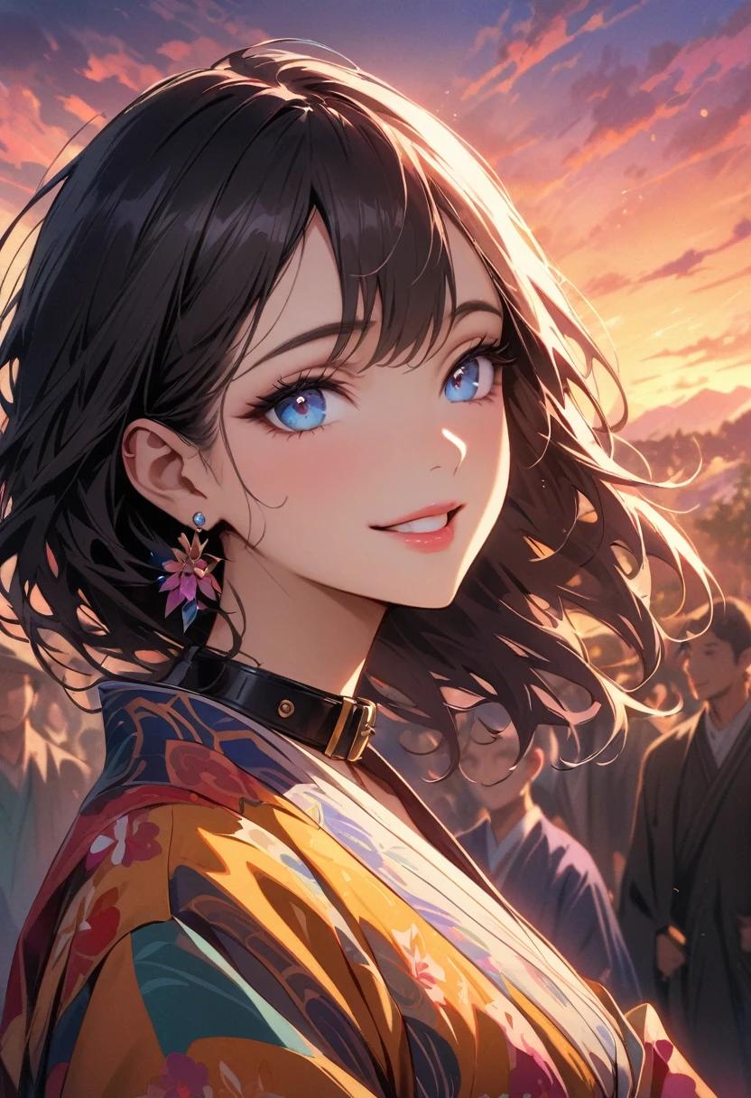 masterpiece, Ultra-high-definition CG, Highest quality, Perfect photo, Colorful sunset,kimono,Beautiful details in the eyes,Beautiful Lips,Earrings,collar,Bob,blue eyes,smile,looking happily at the audience,Thirty Road