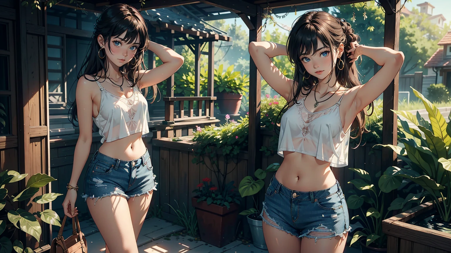 1 female，20-year-old， alone，（With background：garden, In the summer season） , brown hair, medium hair, straight hair, bangs, Are fat, long legs, naked , naked nipples, belly button, （（（masterpiece），（Highly detailed CG Unity 8K wallpaper），highest quality，cinematic lighting，detailed background，（very elegant and beautiful），（Beautiful and delicate depiction of eyes），Super detailed，masterpiece）），High resolution，Super detailed）, （wear：Transparent tank top, Short jeans skirt, necklace, earrings）, hands up, hands behind head