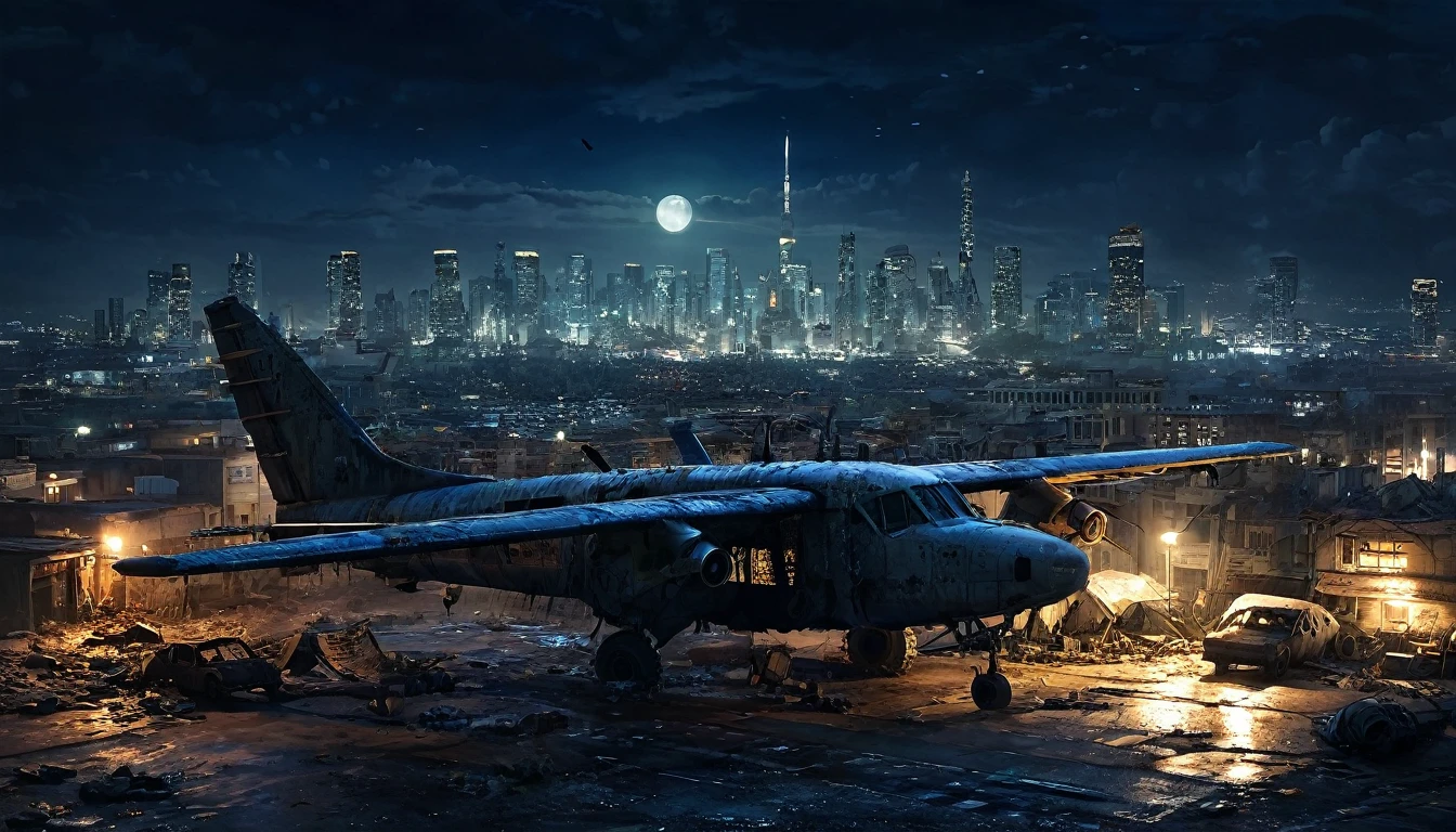 plane night city post apocalyptic