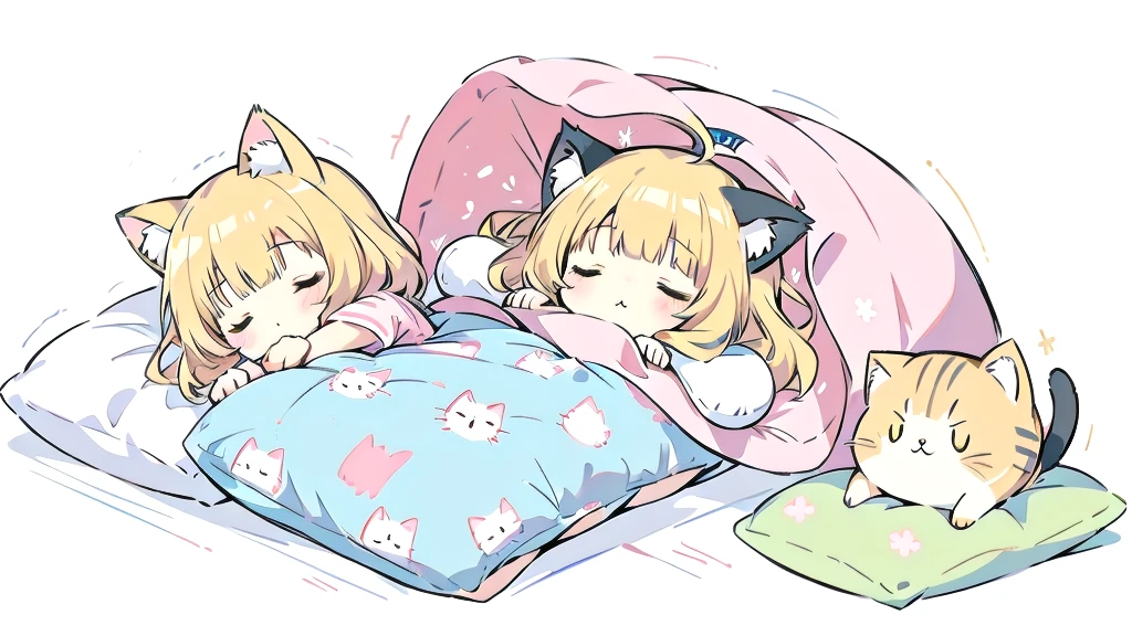 A cartoon of a cat sleeping on a pillow and another cat sleeping on it, there is nothingmimi, Cat girl, Beasts, There is a cat next to her, Cat girl, cute anime Cat girl, Ah ah, there is nothing, anime Cat girl, Anime Cat, dlc, Pink nightcap、Blonde Hair、Sleeping on a futon、cute、Chibi Character