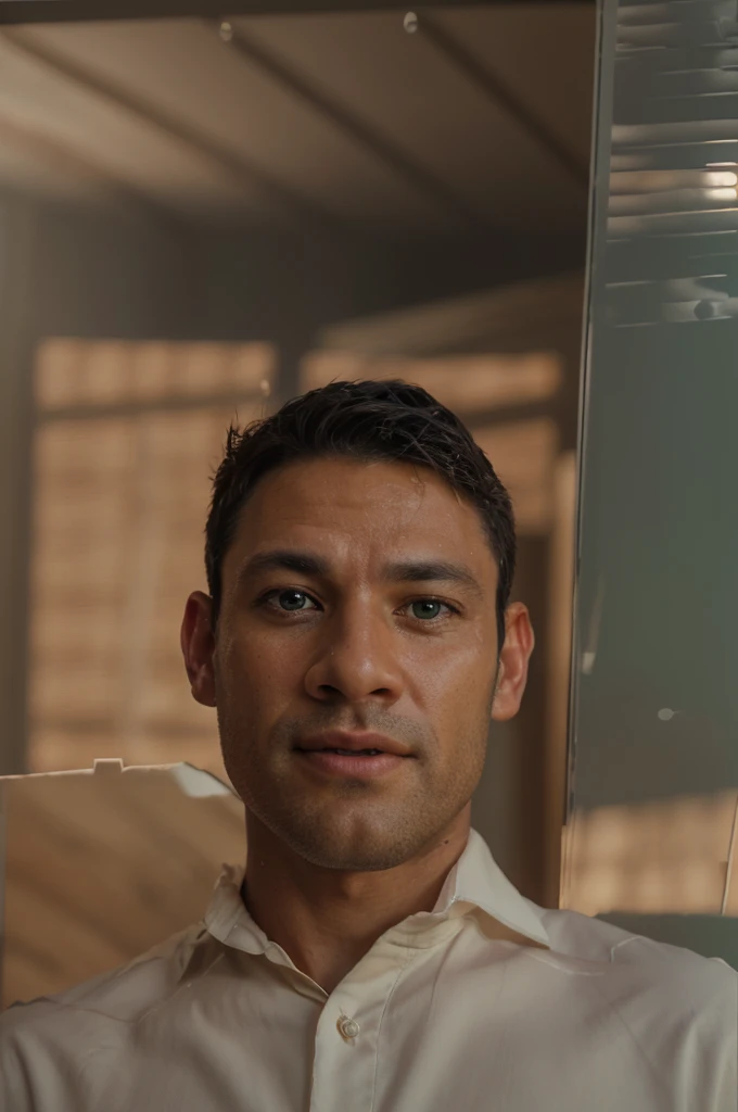 portrait of a man, 40 y.o, perfect face, natural skin, film grain, skin imperfections, ((face close-up)), realistic photography, green eyes, stubble, short cropped hair, muscular, shirtless, best quality, masterpiece, extremely detailed, intricate details, detailed background, dynamic pose, dynamic angle, sharp focus, soft lighting, vibrant colors, cinematic photography, volumetric lighting, film grain, hard shadows, chiaroscuro, filmic, subsurface scattering