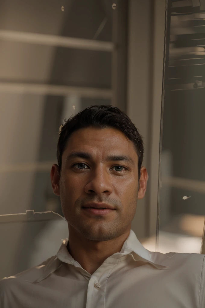 portrait of a man, 40 y.o, perfect face, natural skin, film grain, skin imperfections, ((face close-up)), realistic photography, green eyes, stubble, short cropped hair, muscular, shirtless, best quality, masterpiece, extremely detailed, intricate details, detailed background, dynamic pose, dynamic angle, sharp focus, soft lighting, vibrant colors, cinematic photography, volumetric lighting, film grain, hard shadows, chiaroscuro, filmic, subsurface scattering