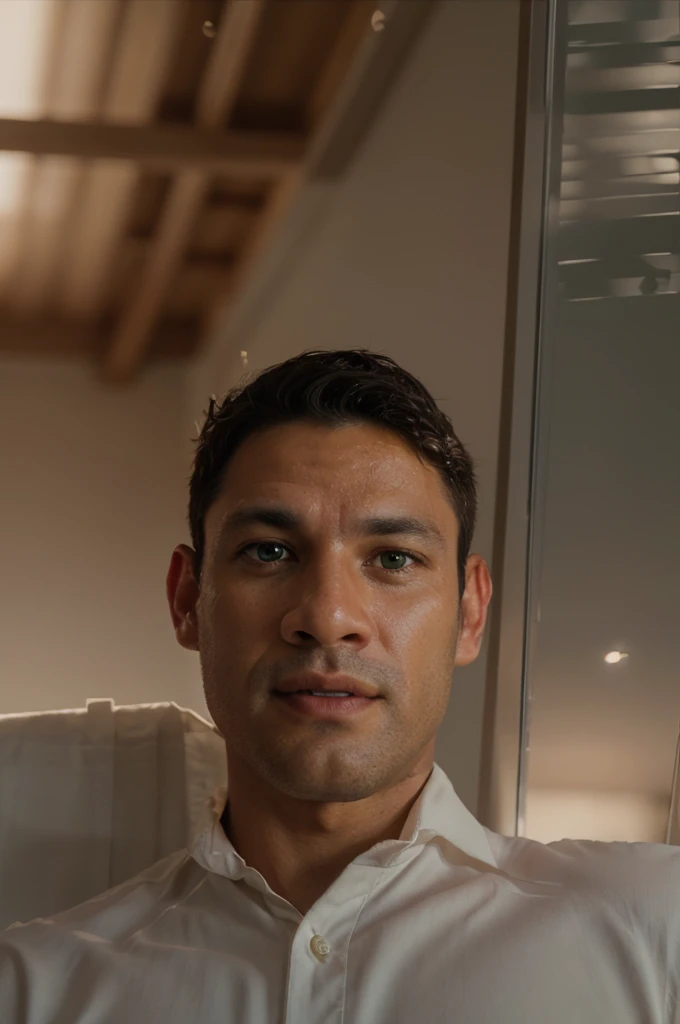 portrait of a man, 40 y.o, perfect face, natural skin, film grain, skin imperfections, ((face close-up)), realistic photography, green eyes, stubble, short cropped hair, muscular, shirtless, best quality, masterpiece, extremely detailed, intricate details, detailed background, dynamic pose, dynamic angle, sharp focus, soft lighting, vibrant colors, cinematic photography, volumetric lighting, film grain, hard shadows, chiaroscuro, filmic, subsurface scattering