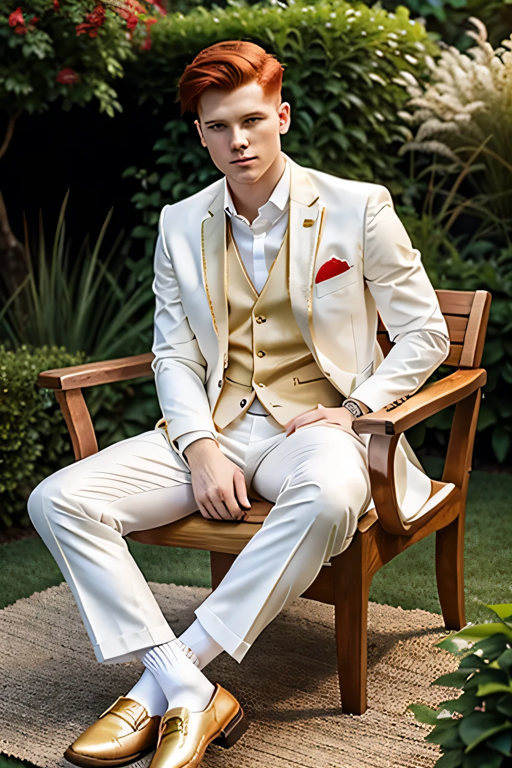 full view, a beautiful red-haired melancholic looking young man, undercut preppy stylish haircut, in white suit, white socks, dapper brown loafers, golden rings, sitting on a wooden chair with a book, in a luxurious garden