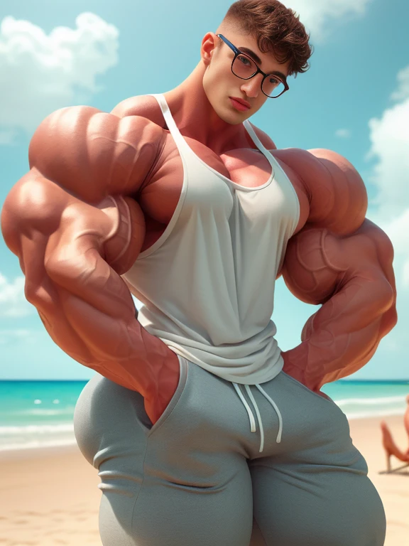 white skin, tall to the ceiling, bodybuilder, nerd with glasses, tropical beach, dressed in tight sweat pants and tight tank top, show abs, cute young face, view from side. height difference. high detail faces. love feeling