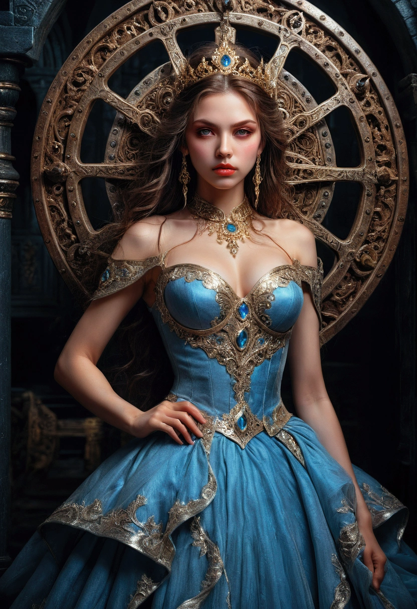 1girl, She who stands defiant against the wheel of destiny, a woman standing defiantly against the wheel of destiny, beautiful detailed eyes, beautiful detailed lips, extremely detailed face, long eyelashes, elegant gown, dramatic lighting, fantasy, cinematic, highly detailed, 8k, award winning digital art, dramatic colors, intense atmosphere, mystical, ethereal, powerful, awe-inspiring, masterpiece, best quality, very aesthetic, absurdres