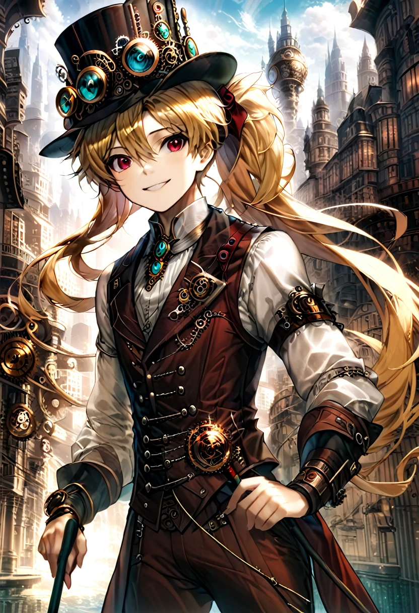 One young boy, red ruby eye, beautiful face like girl, ponytailed blonde, in noble suit. City background. Steampunk Hat. Cane. Noble. Smile