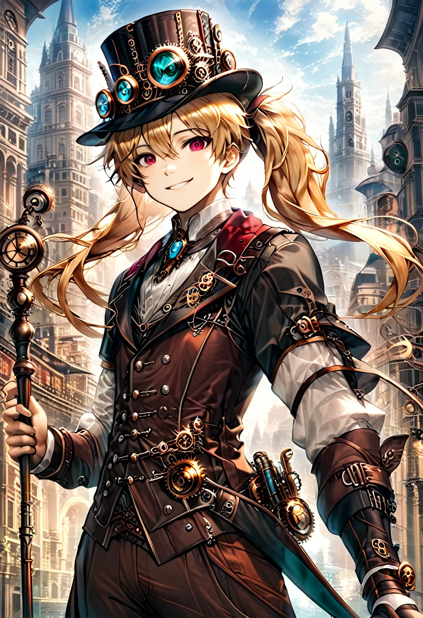 One young boy, red ruby eye, beautiful face like girl, ponytailed blonde, in noble suit. City background. Steampunk Hat. Cane. Noble. Smile