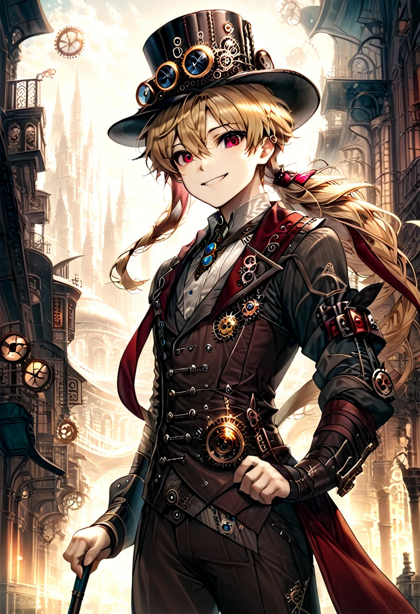 One young boy, red ruby eye, beautiful face like girl, ponytailed blonde, in noble suit. City background. Steampunk Hat. Cane. Noble. Smile