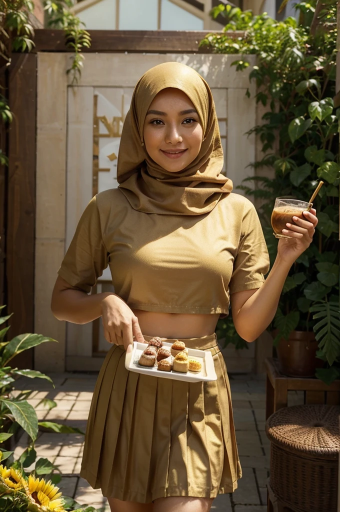 fun and charming realistic shooting in a comfortable scene featuring a beautiful young woman wearing a brown t-shirt with a modest hijab and pleated skirt. the woman was holding a steaming cup of golden hot chocolate, while the golden tray next to her was filled with delicious cakes, donuts, chocolates, and lollipops. The backdrop is a serene, sunny garden filled with vibrant sunflower plants, with the sun's smile casting a warm glow over the scene. The phrase "AIREN PERTIWI" is elegantly written in 3D gold letters, adding a touch of sophistication and charm to the