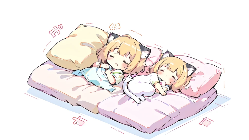 cute少女の部屋、Short Hair、A cartoon of a cat sleeping on a pillow and another cat sleeping on it, there is nothingmimi, Cat girl, Beasts, There is a cat next to her, Cat girl, cute anime Cat girl, Ah ah, there is nothing, anime Cat girl, Anime Cat, dlc, Pink nightcap、Blonde Hair、Sleeping on a futon、cute、Chibi Character