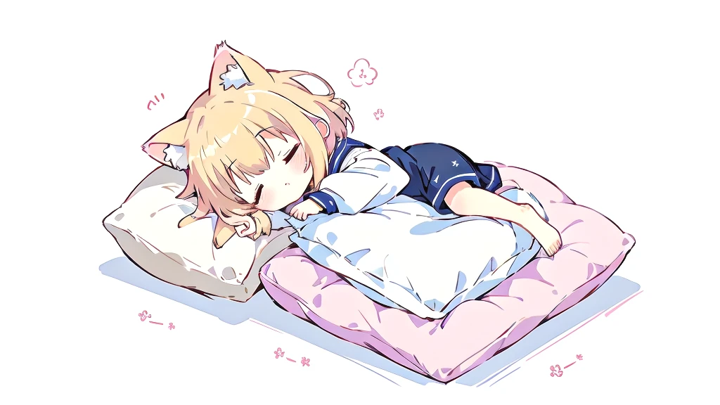 cute少女の部屋、Short Hair、A cartoon of a cat sleeping on a pillow and another cat sleeping on it, there is nothingmimi, Cat girl, Beasts, There is a cat next to her, Cat girl, cute anime Cat girl, Ah ah, there is nothing, anime Cat girl, Anime Cat, dlc, Pink nightcap、Blonde Hair、Sleeping on a futon、cute、Chibi Character