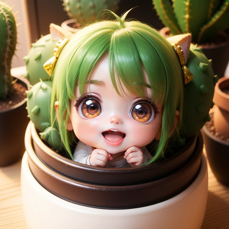 Cute Baby Chibi Anime,in cactus potted,Super masterpiece,top-quality,ultra-detailliert,Chibi ,Cute potted plants ,A detailed face,Smile with open mouth,a big head,Houseplant Nora(Chibi:1.4),8k