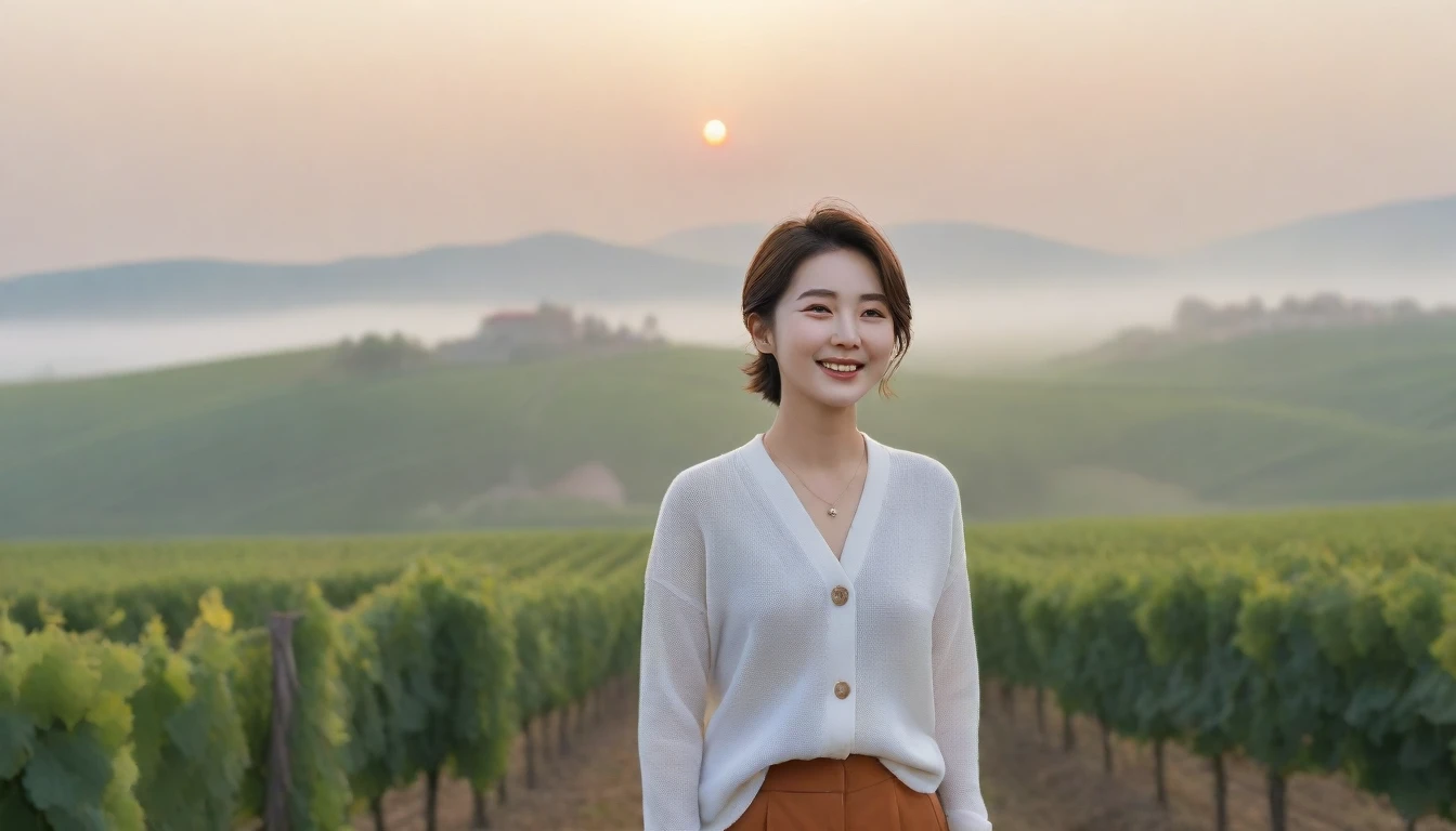 8k realistic, lifelike photo,, 36 year old Korean woman, Short in stature, pretty like a model. White shirt and short cardigan, casual pants, short medium hair, Smiley, Italy. vineyard, thick dawn fog. vineyard 멀리 짙은 안개 속으로 성당이 보인다. 1 woman, Short in stature, Excellent picture quality, The morning fog is thick, The picture quality is alive. 옆면 look up, sunrise red light, A monastery can be seen in the distance, . Smiley, Wide angle lens full body shot, look up, walking from afar