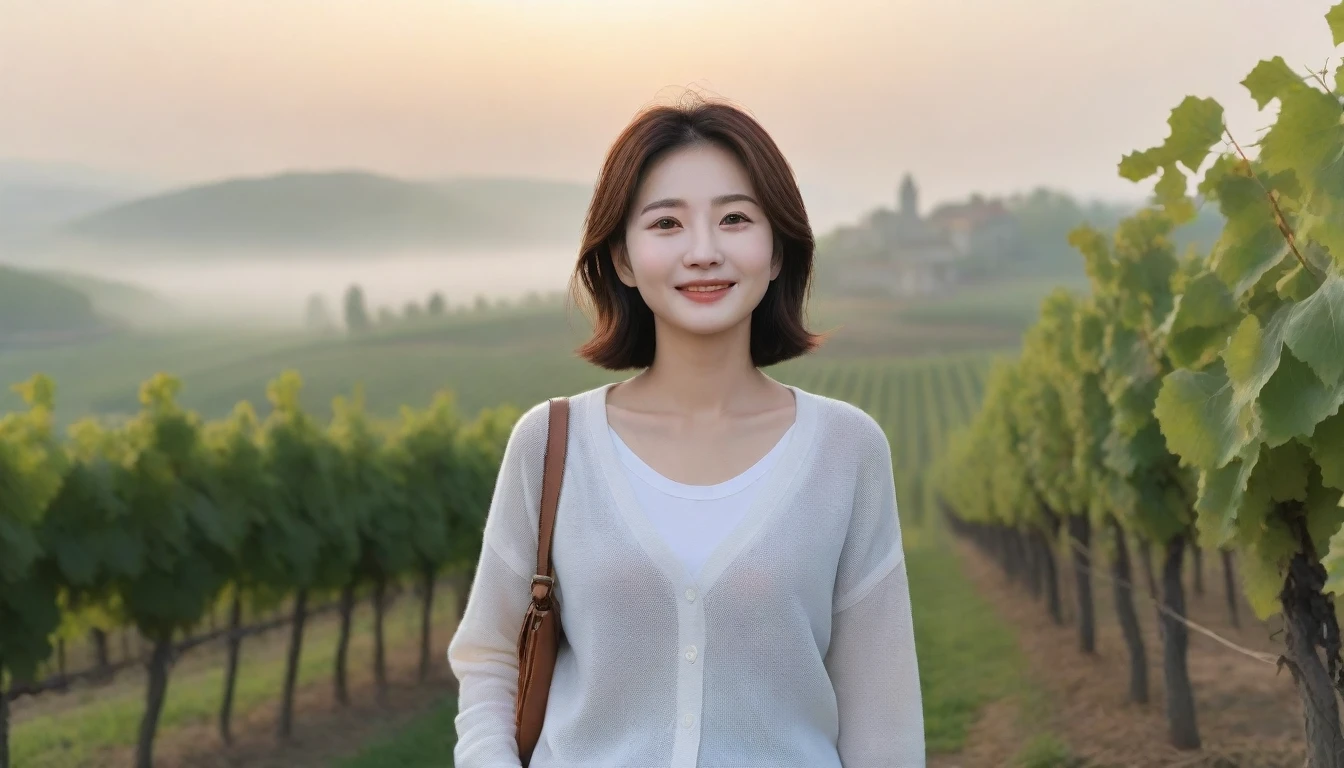 8k realistic, lifelike photo,, 36 year old Korean woman, Short in stature, pretty like a model. White shirt and short cardigan, casual pants, short medium hair, Smiley, Italy. vineyard, thick dawn fog. vineyard 멀리 짙은 안개 속으로 성당이 보인다. 1 woman, Short in stature, Excellent picture quality, The morning fog is thick, The picture quality is alive. 옆면 look up, sunrise red light, A monastery can be seen in the distance, . Smiley, Wide angle lens full body shot, look up, walking from afar