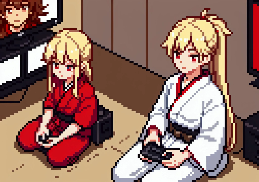 create an image with Ryu brown hair, red band on forehead, white kimono with black belt, Ken, blonde hair long, red kimono and black belt at the waist, playing video game, sitting on the floor of a gym, looking at TV, with controls in hand