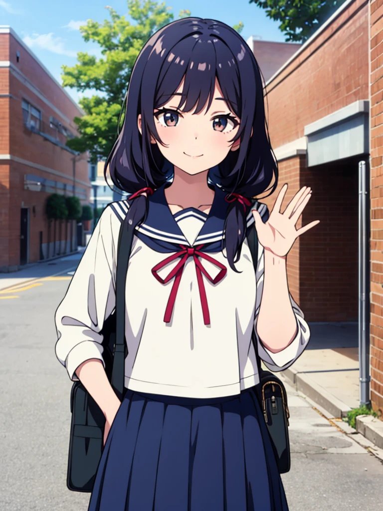 1girl, standing, (waving at the camera with left hand), (right hand on chest), (head tilt), smile, yo, 1girl, standing, gentle smile, 15, head tilt,
school building on the back,
4-story white school building, outdoor, tree on side, (low twintails girl), low pigtails, red ribbon on hair, very long black hair, white serafuku with blue ribbon, navy-blue collar, navy-blue skirt, (dark brown eye), 1 school bag on right shoulder, afternoon, summer, school, (from front:1.4), upper body, anime, high brightness, detailed face, detailed eyes, (high quality, ultra detailed, masterpiece, super detail, highres, anatomically correct, UDH), good hands, good fingers Japanese anime style, extremely cute, perfect hands