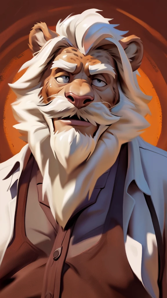 by chunie by catsudon by retros, male,ridiculuous,((mature,mature male)),((Bearded,mustache)), felid, solo, Lion,(white hair), facial hair, facing viewer, (((Grandpa Figure))), ((smilling)), red and orange spiral background, white shirt, smile, ((((wise)))),