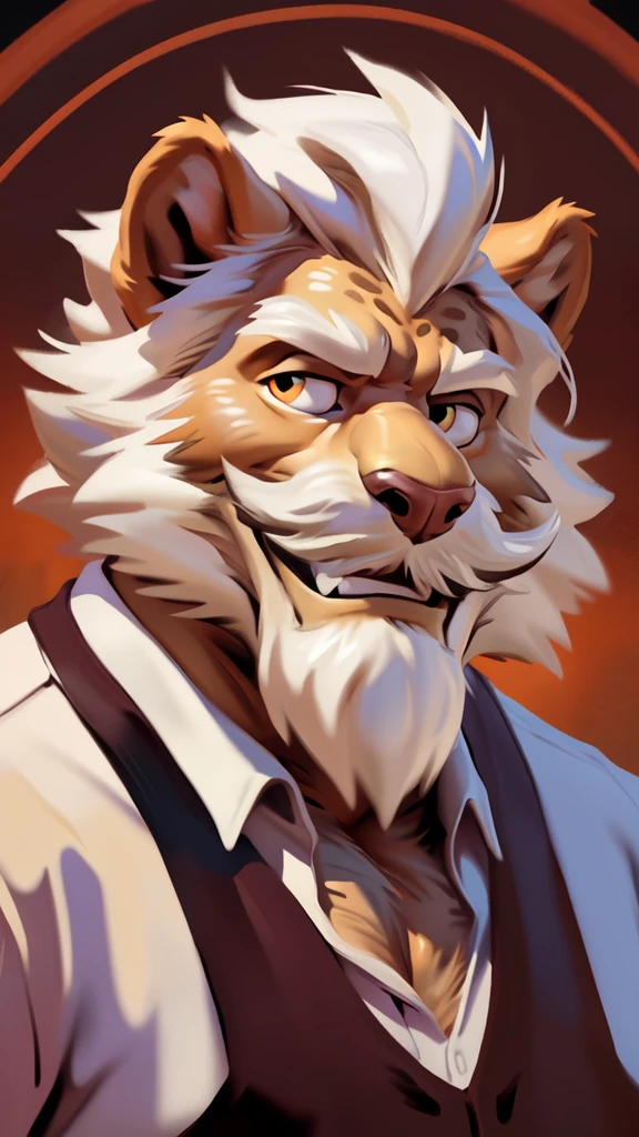 by chunie by catsudon by retros, male,ridiculuous,((mature,mature male)),((Bearded,mustache)), felid, solo, Lion,(white hair), facial hair, facing viewer, (((Grandpa Figure))), ((smilling)), red and orange spiral background, white shirt, smile, ((((wise)))),