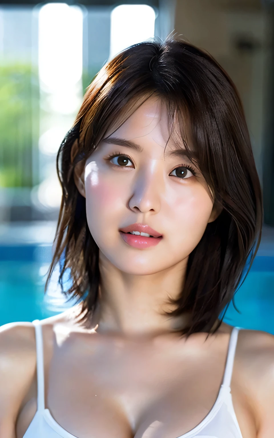 Highly detailed CG Unity 8K wallpapers, Highest quality, Very detailed, masterpiece, Realistic, photoRealistic, Very detailedかわいい女の子, (Age 25), blush, Round eyes, Medium chest, Audience, Semi Body Shot, Swimsuit,　Poolside