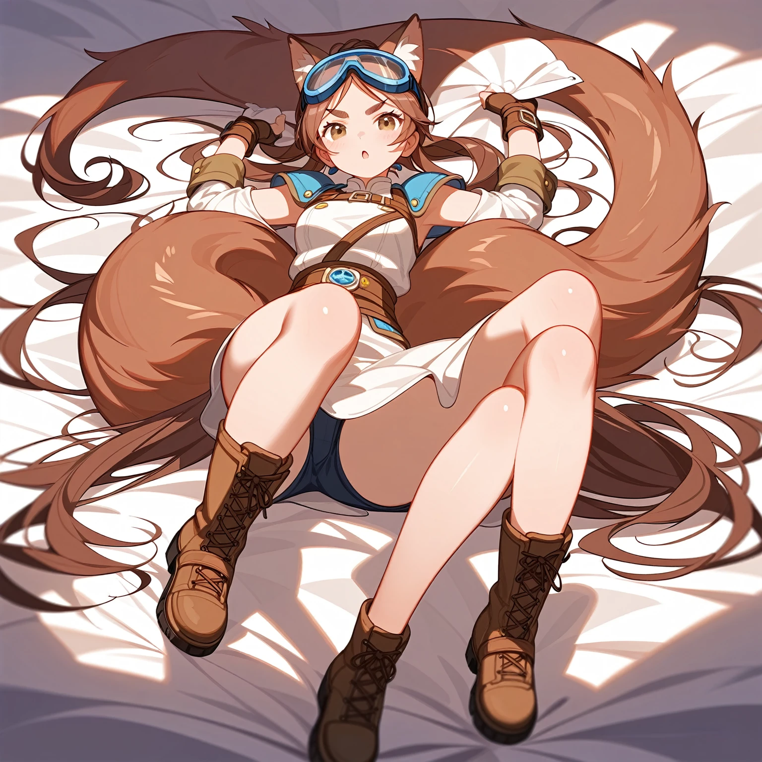 Highest quality, Ultra-detailed CG Unity 8k Wallpaper, Beautiful detailechanic、、Edo-kko、Helmet、big goggles、Boots、Winning spirit、Bad mood、Video game character design、whole body、Front view、whole body画、Character Sheet、Mr.々A pose、Game setting materials、Character setting materials、Big Tail、Brown Hair、Round eyebrows、Character portrait