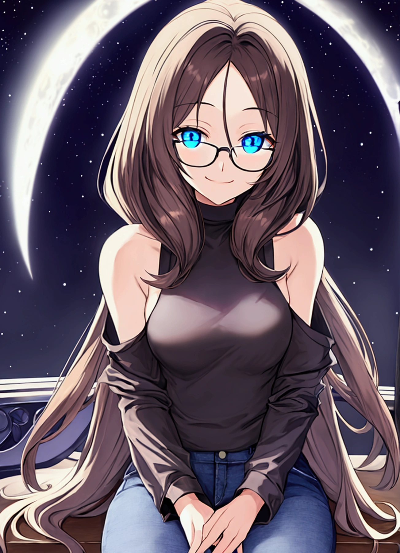 Alone, One person, Anime woman (shoulder length brown hair, blue eyes, black hoodie, jeans, dark framed glasses, clear forehead, smiling) . Sitting on a flowering meadow at night. Glowing musical notes fly around her. A white grand piano stands in the background. Full moon in the night sky.