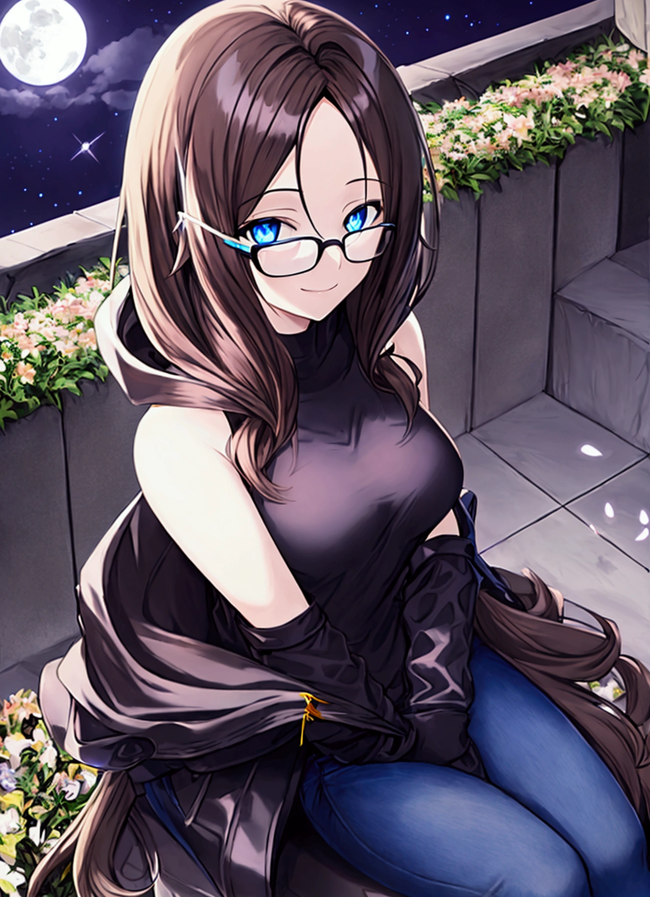 Alone, One person, Anime woman (shoulder length brown hair, blue eyes, black hoodie, jeans, dark framed glasses, clear forehead, smiling) . Sitting on a flowering meadow at night. Glowing musical notes fly around her. A white grand piano stands in the background. Full moon in the night sky.