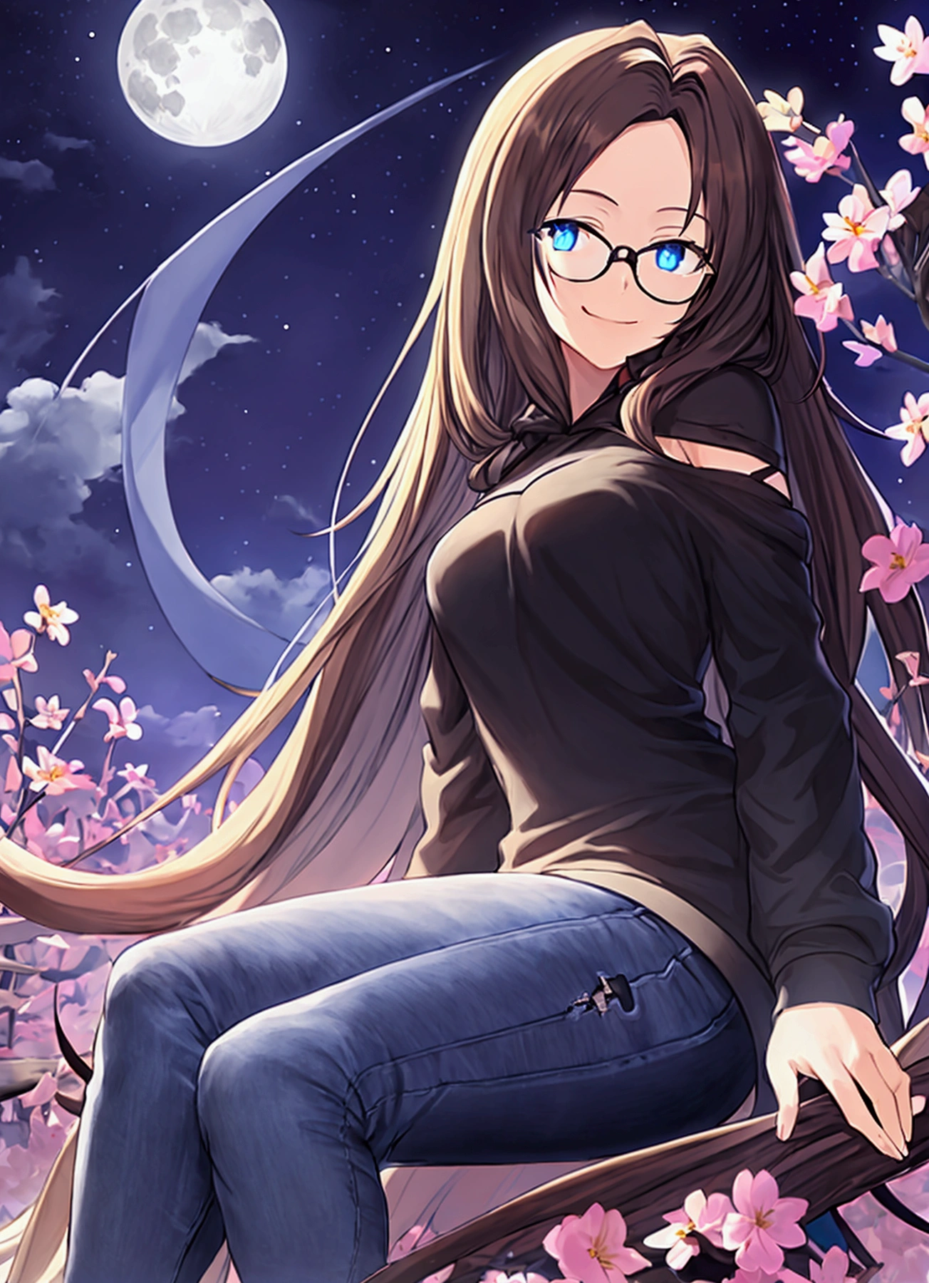 Alone, One person, Anime woman (shoulder length brown hair, blue eyes, black hoodie, jeans, dark framed glasses, clear forehead, smiling) . Sitting on a flowering meadow at night. Glowing musical notes fly around her. A white grand piano stands in the background. Full moon in the night sky.
