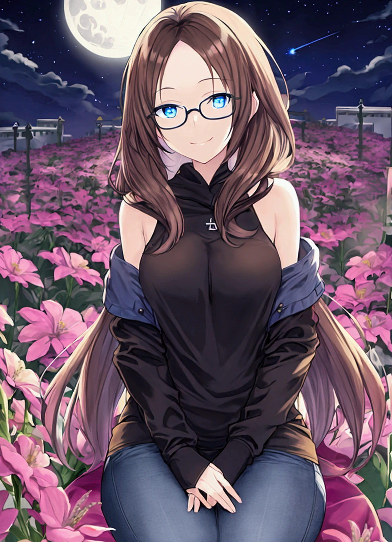 Alone, One person, Anime woman (shoulder length brown hair, blue eyes, black hoodie, jeans, dark framed glasses, clear forehead, smiling) . Sitting on a flowering meadow at night. Glowing musical notes fly around her. A white grand piano stands in the background. Full moon in the night sky.