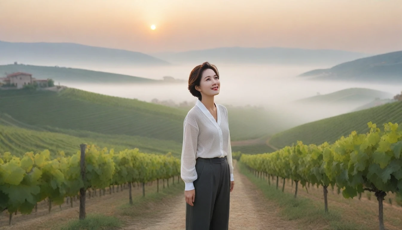 8k realistic, lifelike photo,, 36 year old Korean woman, Short in stature, pretty like a model. White shirt and short cardigan, casual pants, short medium hair, Smiley, Italy. vineyard, thick dawn fog. vineyard 멀리 짙은 안개 속으로 성당이 보인다. 1 woman, Short in stature, Excellent picture quality, The morning fog is thick, The picture quality is alive. 옆면 look up, sunrise red light, A monastery can be seen in the distance, . Smiley, Wide angle lens full body shot, look up, walking from afar, walking on a path