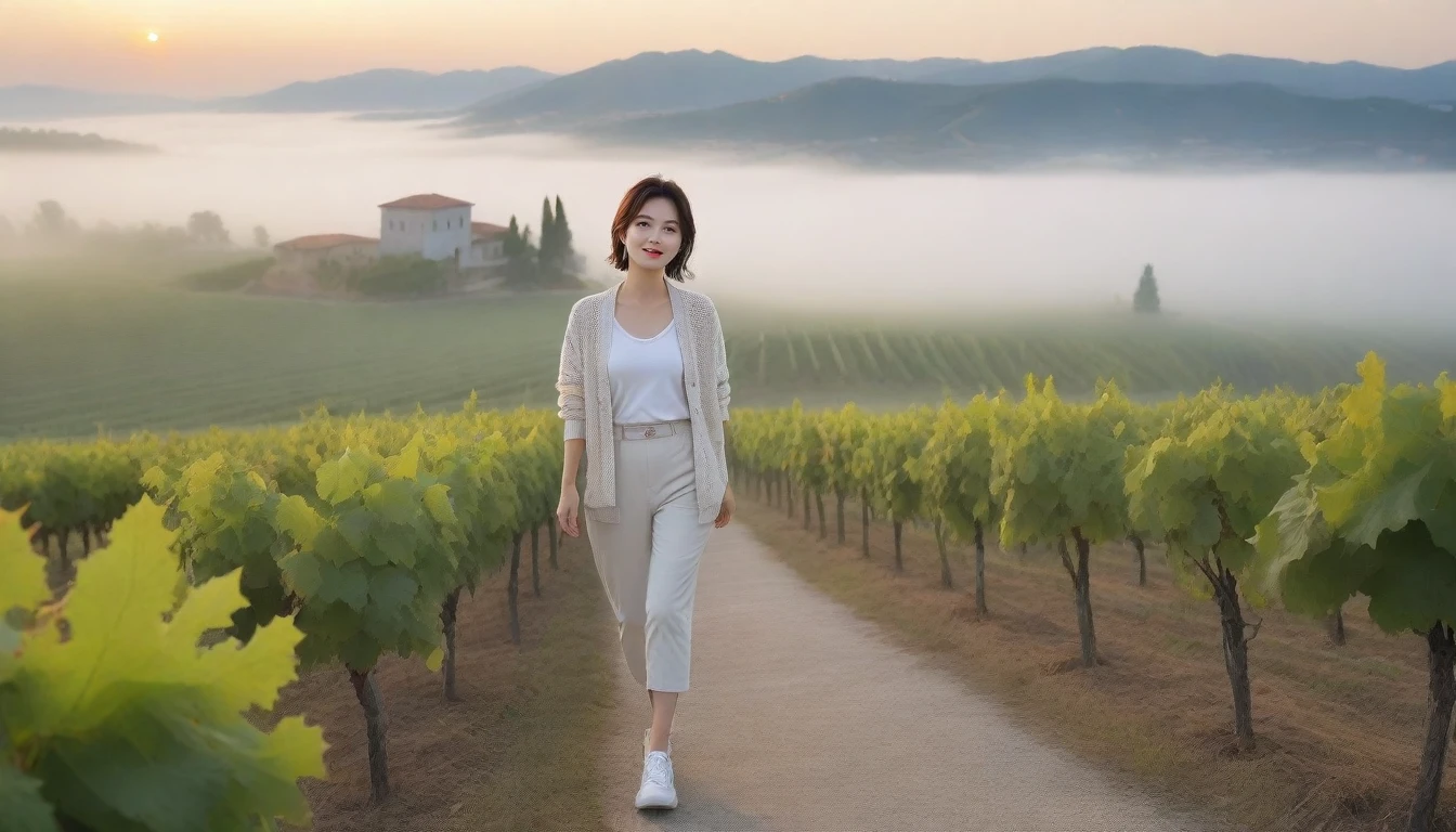 8k realistic, lifelike photo,, 36 year old Korean woman, Short in stature, pretty like a model. White shirt and short cardigan, casual pants, short medium hair, Smiley, Italy. vineyard, thick dawn fog. vineyard 멀리 짙은 안개 속으로 성당이 보인다. 1 woman, Short in stature, Excellent picture quality, The morning fog is thick, The picture quality is alive. 옆면 look up, sunrise red light, A monastery can be seen in the distance, . Smiley, Wide angle lens full body shot, look up, walking from afar, walking on a path