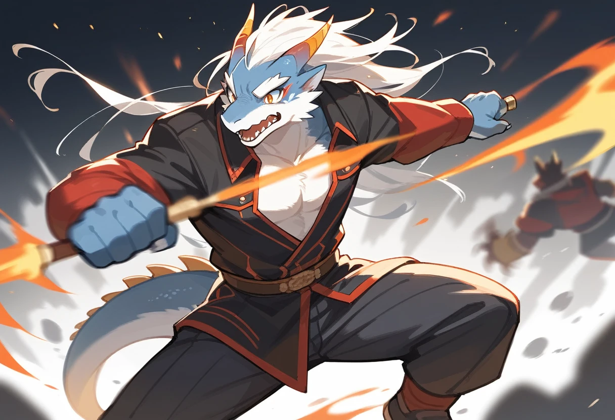 top quality, high-quality illustrations((masterpiece))depth of field, motion blur, absurdres, Perfect Anatomy, magnificent picture of kemono fighting fierce battles, kemono, 1boy, solo focus, Anthro((dramatic))epic, weapon, dynamic pose, One scene of movie,FURRY，dragon