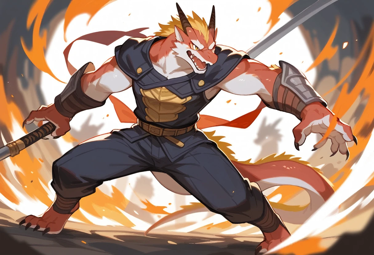 top quality, high-quality illustrations((masterpiece))depth of field, motion blur, absurdres, Perfect Anatomy, magnificent picture of kemono fighting fierce battles, kemono, 1boy, solo focus, Anthro((dramatic))epic, weapon, dynamic pose, One scene of movie,FURRY,dragon
