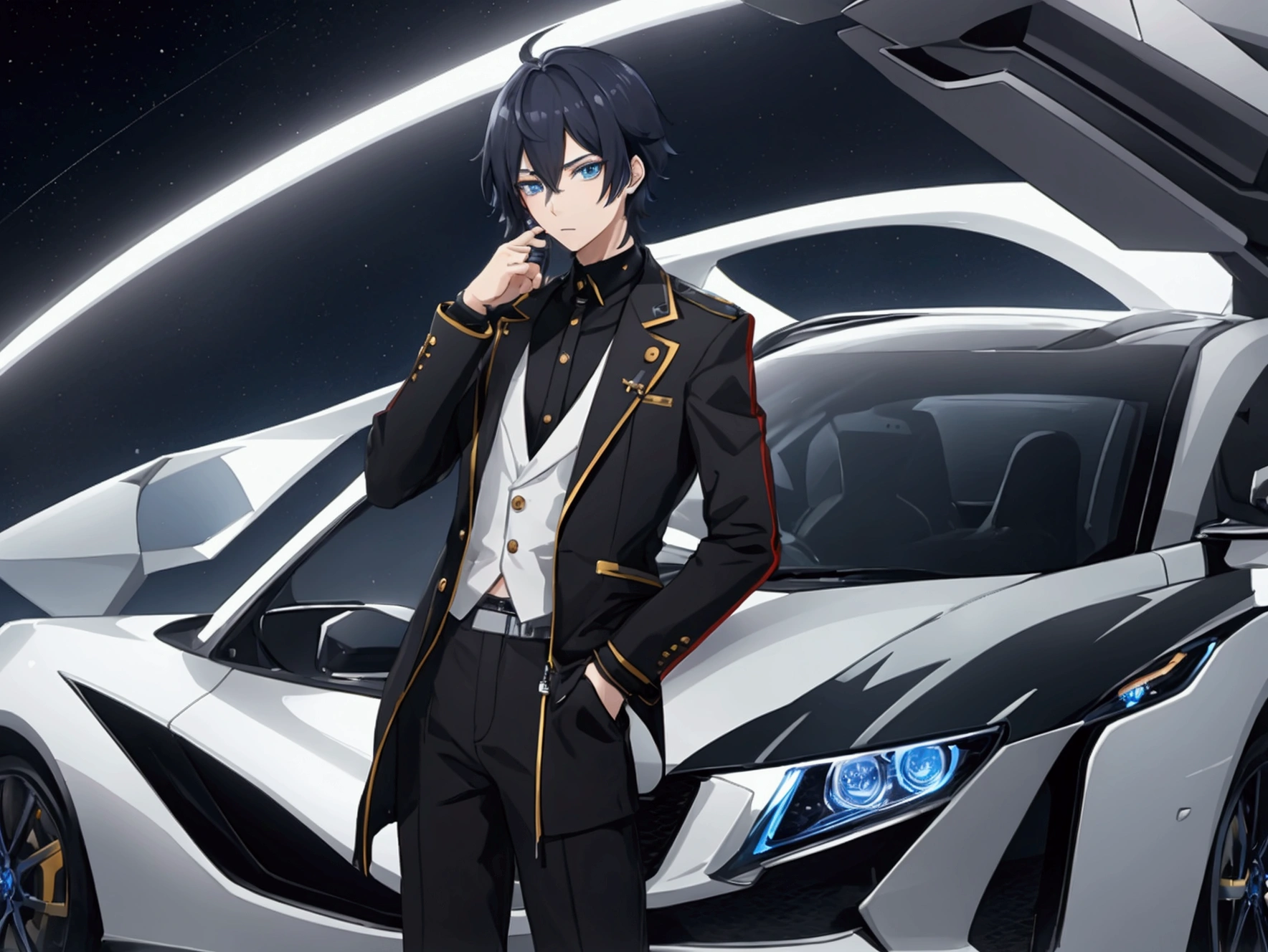 An anime boy in a secret organization outfit, with your hands in your pants pocket, leaning against a futuristic car, your eyes are serious and doubtful, She is calm and showing indifference, gorgeous eyes, Bblack hair, eyes browns, good art, good drawing, 2D anime, 2d, action scene, 2 hands and 5 fingers on each hand, beautiful hands, good hands drawn, 4K, 8k, futuristic environment,