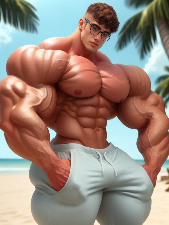 white skin, tall to the ceiling, bodybuilder, nerd with glasses, tropical beach, dressed in tight sweat pants, shirtless, show abs, cute young face, view from side. height difference. high detail faces. love feeling