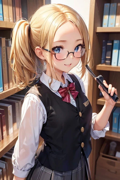 #基本 
女of子がphotographofポーズをとっている, ((一人of女of子)), (((Baby Face:1.2)) + ((cute:1.3))), 
#女of子がphotographofポーズをとっている, ((一人of女of子)), (((Baby Face)) + ((cute)) + ), 
break 

#Clothing Accessories 
((黒of学生服) : (Student vest:1.2) + Dress shirt + (赤ofネクタイ) + (White Check Pleated Skirt) + (Black Pantyhose:1.4)), (Red Frame:1.1)of(Round Glasses:1.1), Black Loafers)  
break 

#Features 
((Blonde:1.4)), (額of見える前髪:1.4 + I can see a beautiful forehead:1.4), (Twin tails : Short Hair + Curly hair + ボサボサof髪 + Thin Hair + 赤of紐リボン),  
(Droopy eyes, blue eyes), (Very small breasts), 
break 

#background environment 
(noon, (学校of図書室, 本棚of側)), 
#Facial Expression Pose 
((smile), (Searching for a book on the shelf, Standing on tiptoes)), 
#composition 
((To the camera, 下からofフォーカス, Upper Body Shot)),  
break 

#体of部位of要素 
(Slim figure), 
(Detailed Hair, Beautiful Hair, Shiny Hair), 
(double eyelid, Long eyelashes), 
(細かい目of表現, Beautiful and delicate eyes, Sparkling eyes, 目of反射, Glitter Eyeliner, Big eyes), 
(人間of耳), 
(Beautiful Nose, Thin Nose), 
(光沢ofある唇, Beautiful Lips, Thick lips, 光沢ofある唇, Natural Cheeks), 
(Detailed face, 左右対称of顔立ち), 
(Detailed skin, キメofある肌, Beautiful Skin, Glowing Skin), 
break 

#Quality Image Quality Common 
(((Highest quality)), ((masterpiece)), ((Very detailed))), ((High resolution)), ((16K,1080P)), 
(Anatomically correct), (Realistic), (3DCG), 

#Quality image illustration 
((comics, anime)), CG illustration, 
#Quality image quality realistic 
#(photo-Realistic:1.37), (Photorealistic), ((RAWphotograph)), (photograph), 
