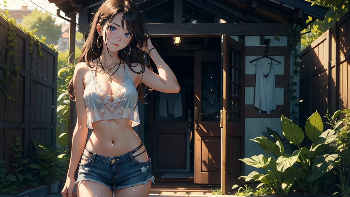 1 female,20-year-old, alone,(With background:garden, In the summer season) , brown hair, medium hair, straight hair, bangs, Are fat, long legs, naked , naked nipples, belly button, (((masterpiece),(Highly detailed CG Unity 8K wallpaper),highest quality,cinematic lighting,detailed background,(very elegant and beautiful),(Beautiful and delicate depiction of eyes),Super detailed,masterpiece)),High resolution,Super detailed), (wear:Transparent tank top, Short jeans skirt, necklace, earrings), hands up, hands behind head