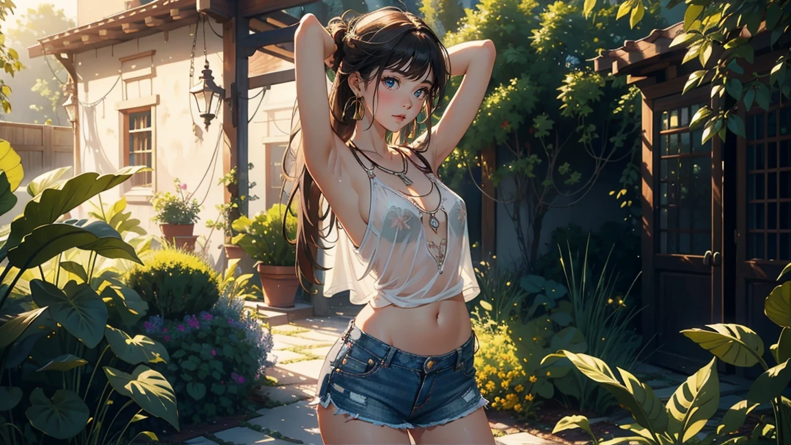 1 female,20-year-old, alone,(With background:garden, In the summer season) , brown hair, medium hair, straight hair, bangs, Are fat, long legs, naked , naked nipples, belly button, (((masterpiece),(Highly detailed CG Unity 8K wallpaper),highest quality,cinematic lighting,detailed background,(very elegant and beautiful),(Beautiful and delicate depiction of eyes),Super detailed,masterpiece)),High resolution,Super detailed), (wear:Transparent tank top, Short jeans skirt, necklace, earrings), hands up, hands behind head