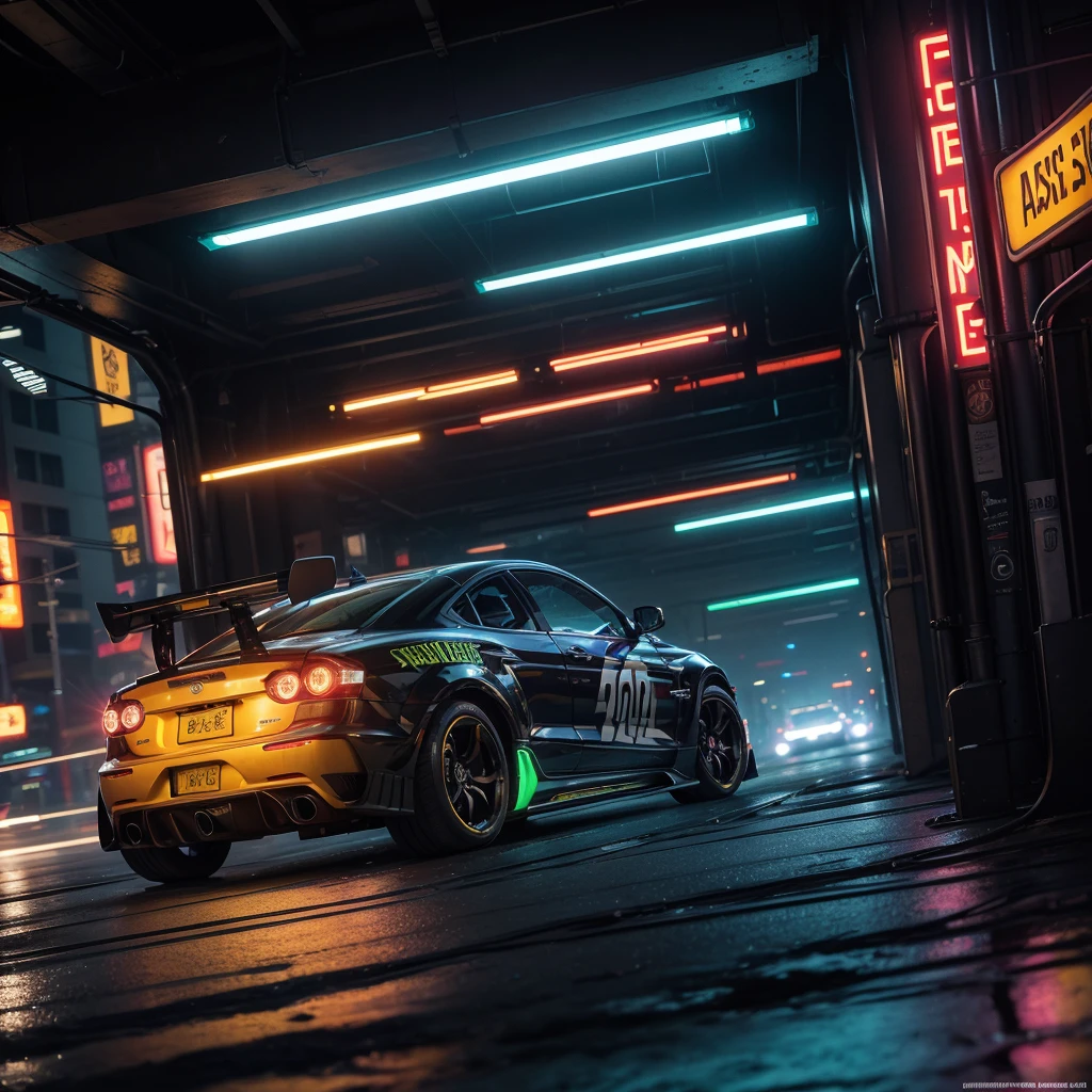 Masterpiece, best quality, Extremely detailed, Beautiful shadows, cyberpunk style, Unity, Wallpaper, Capture the excitement and energy of a car with a fast shutter speed, using bold and vibrant colors to create a dynamic and action, packed fantasy, Insanely detailed, Realistic. Do not display the license plate or brand.