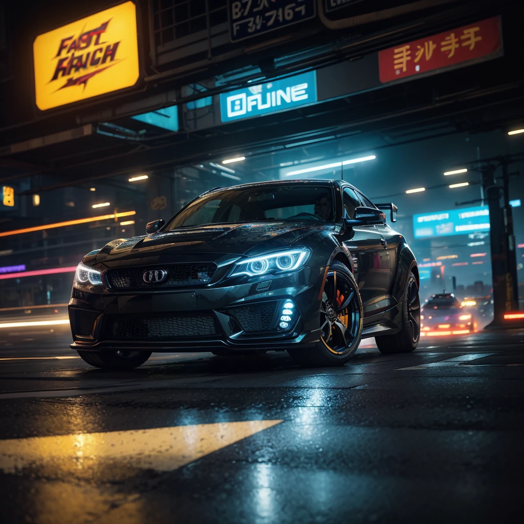 Masterpiece, best quality, Extremely detailed, Beautiful shadows, cyberpunk style, Unity, Wallpaper, Capture the excitement and energy of a car with a fast shutter speed, using bold and vibrant colors to create a dynamic and action, packed fantasy, Insanely detailed, Realistic. Do not display the license plate or brand.