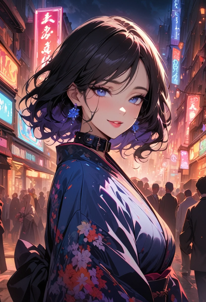 masterpiece, Ultra-high-definition CG, Highest quality, Perfect photo, Neon Town，kimono，Beautiful details in the eyes，Beautiful Lips，Earrings，collar，Bob，blue eyes，smile，looking happily at the audience，Thirty Road